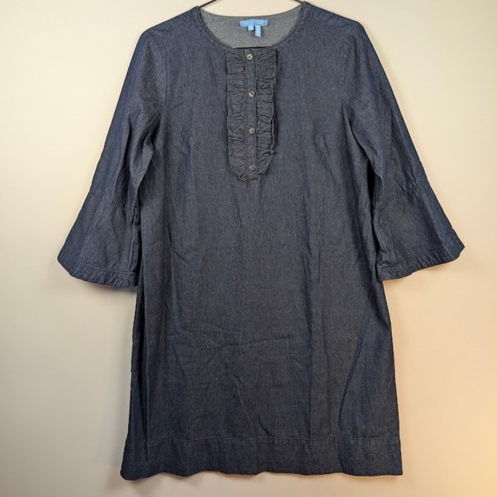 Draper James Chambray Shift Dress Women 12 Blue Ruffle Bell Sleeve Cotton